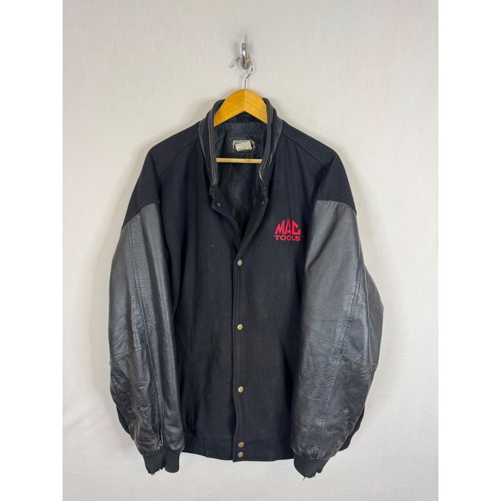 Mac Tools Vintage Mens Black Wool Leather Sleeve Varsity Jacket 2X Embroidered